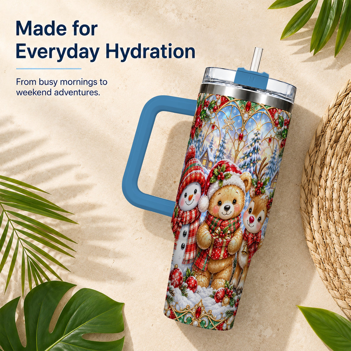 #pl[40oz|Blue] Snowman 40oz Tumbler with Handle, Reindeer Christmas Travel Cup