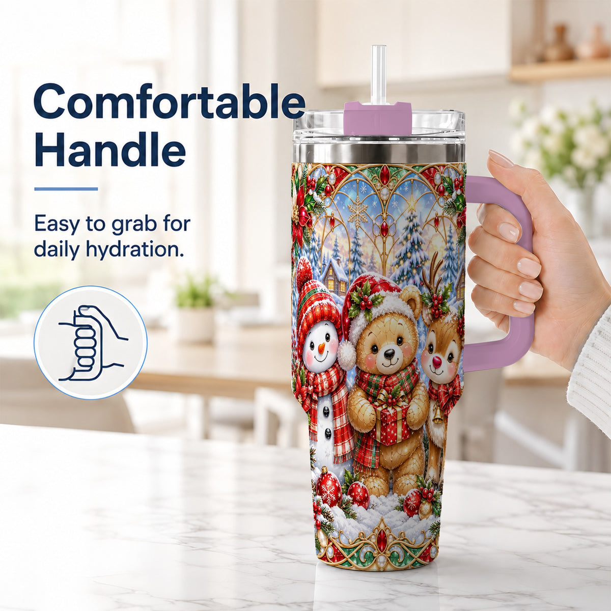 #pl[40oz|Pink] Snowman 40oz Tumbler with Handle, Reindeer Christmas Travel Cup