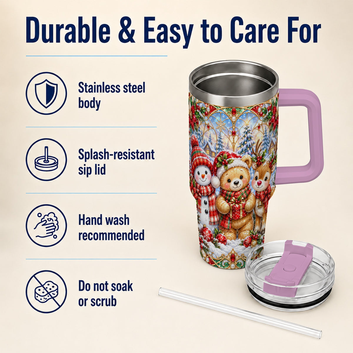 #pl[40oz|Pink] Snowman 40oz Tumbler with Handle, Reindeer Christmas Travel Cup