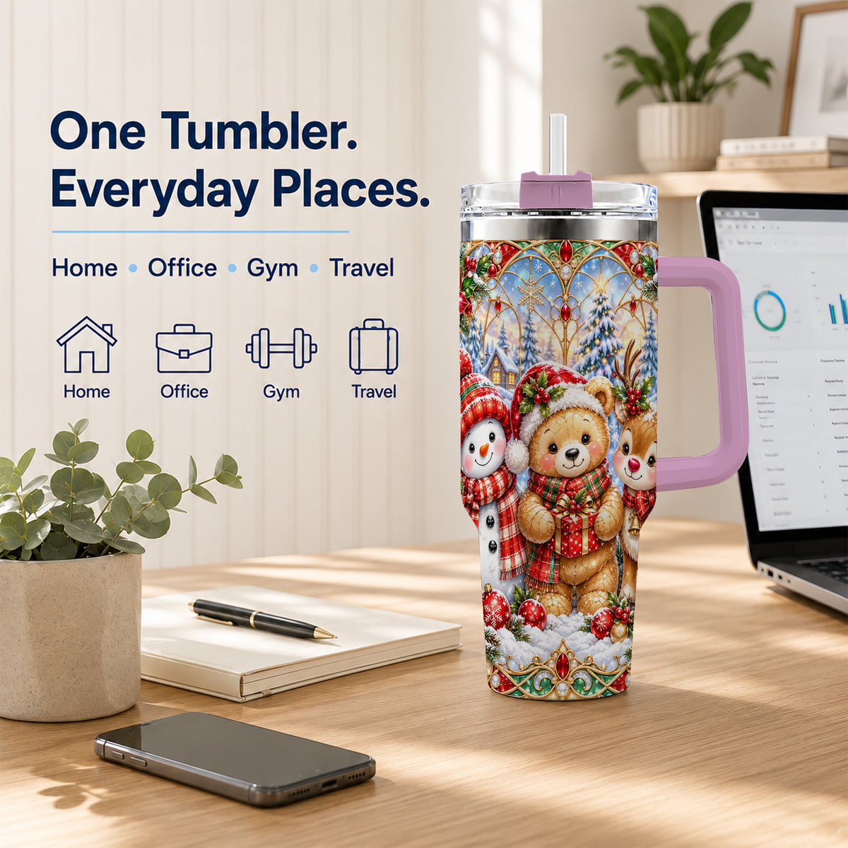 #pl[40oz|Pink] Snowman 40oz Tumbler with Handle, Reindeer Christmas Travel Cup