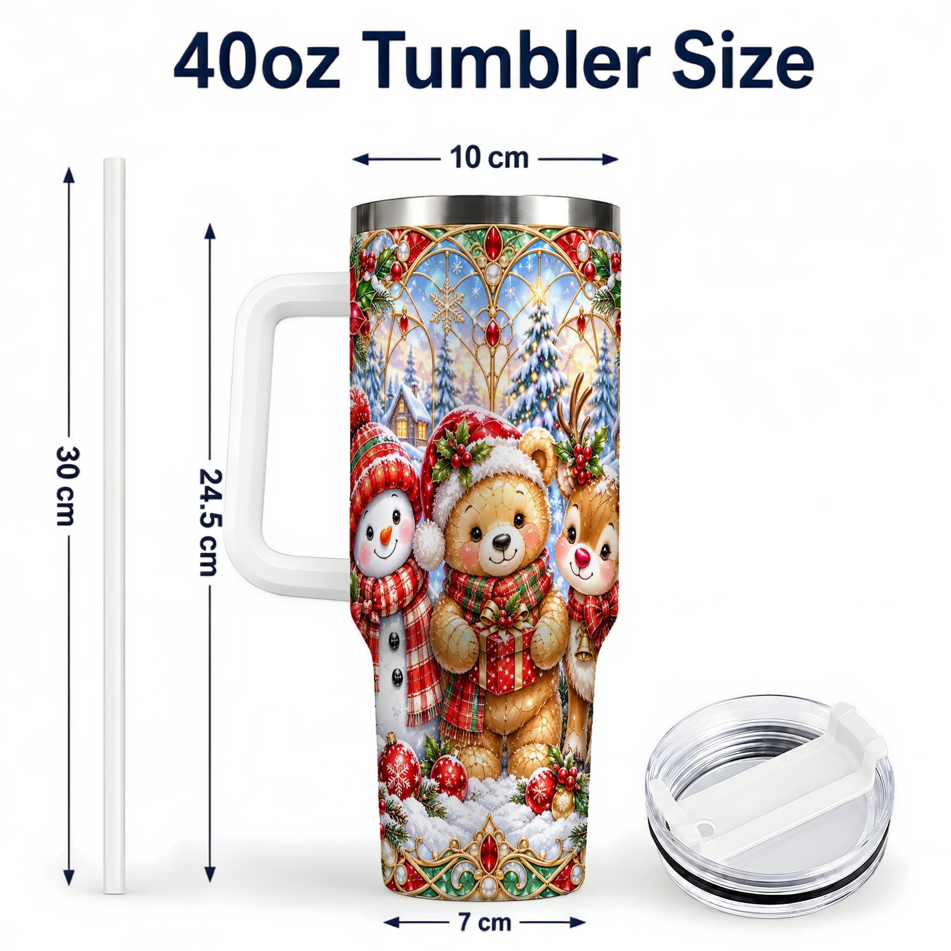 #pl[40oz|White] Snowman 40oz Tumbler with Handle, Reindeer Christmas Travel Cup