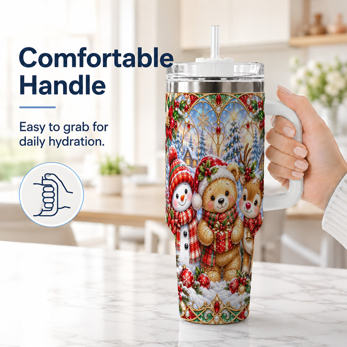 #pl[40oz|White] Snowman 40oz Tumbler with Handle, Reindeer Christmas Travel Cup