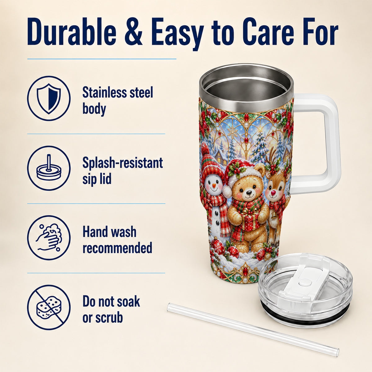 #pl[40oz|White] Snowman 40oz Tumbler with Handle, Reindeer Christmas Travel Cup