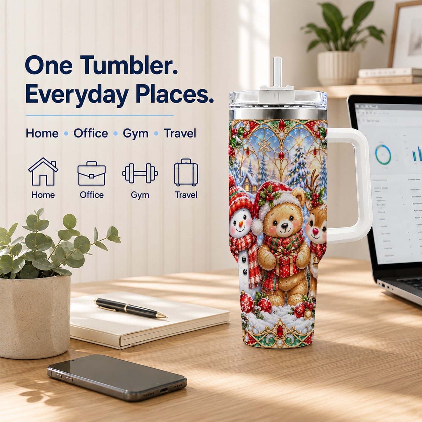 #pl[40oz|White] Snowman 40oz Tumbler with Handle, Reindeer Christmas Travel Cup