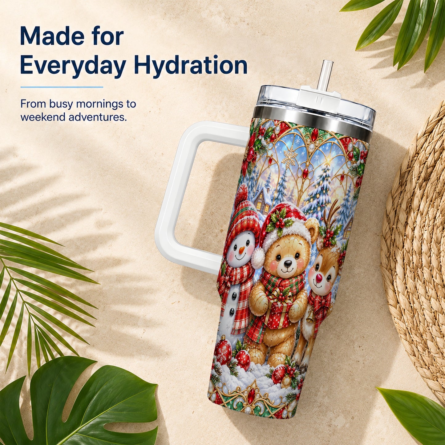 #pl[40oz|White] Snowman 40oz Tumbler with Handle, Reindeer Christmas Travel Cup