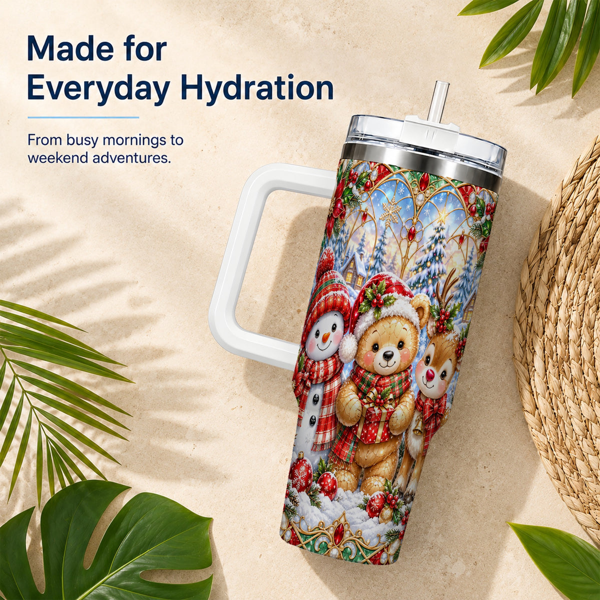 #pl[40oz|White] Snowman 40oz Tumbler with Handle, Reindeer Christmas Travel Cup