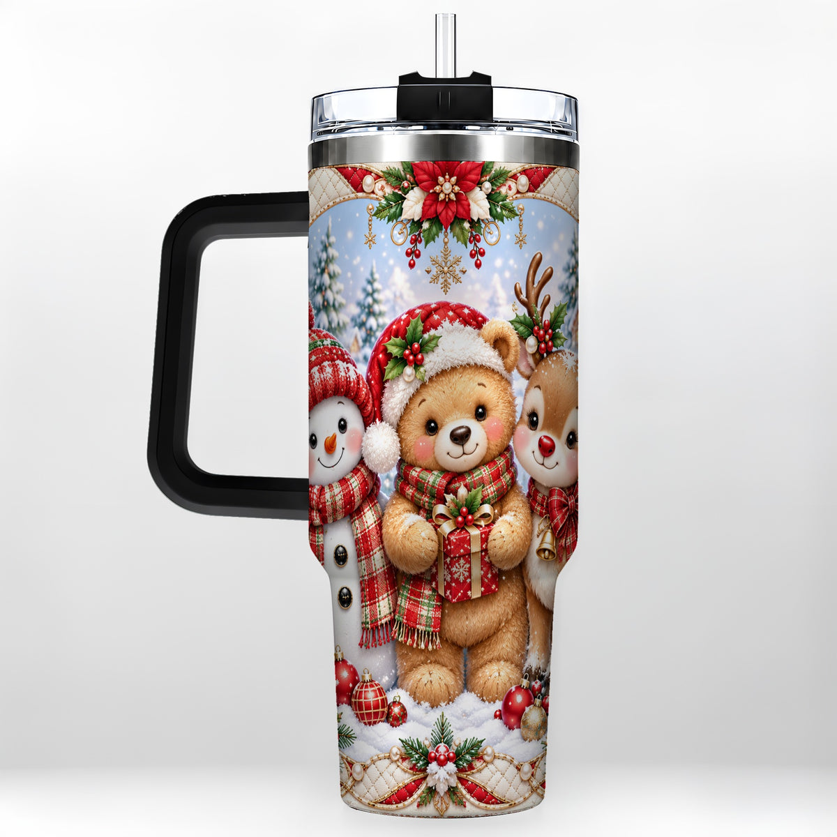 #pl[40oz|Black] Winter Friends 40oz Tumbler with Handle, Snowman Holiday Travel Cup