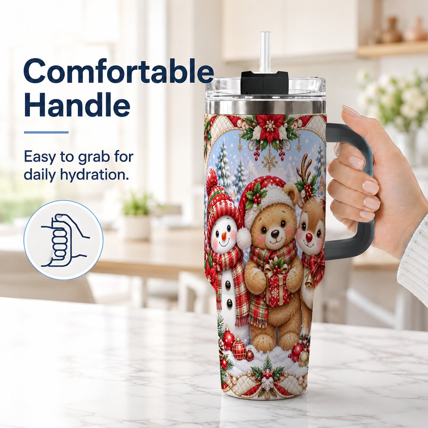 #pl[40oz|Black] Winter Friends 40oz Tumbler with Handle, Snowman Holiday Travel Cup
