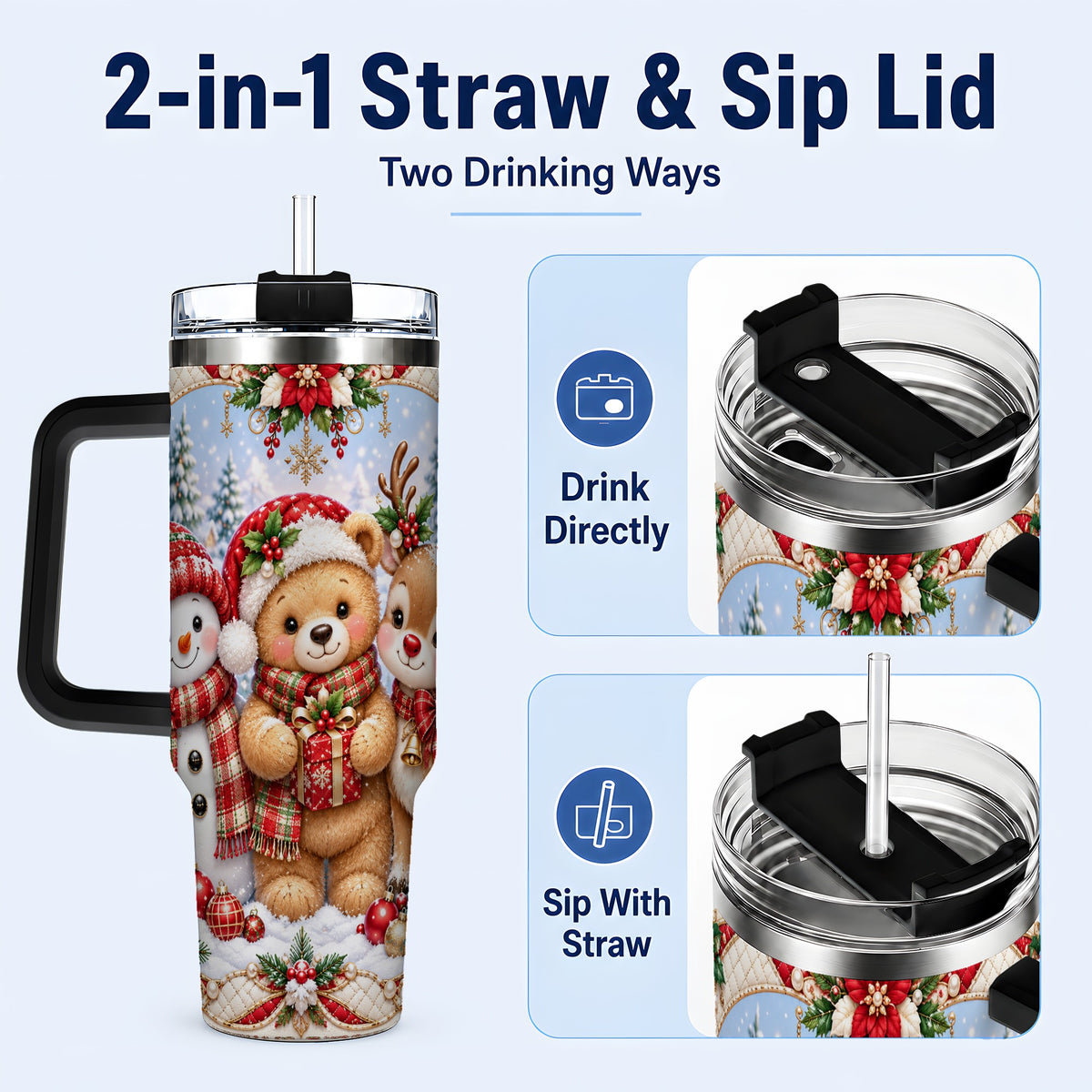 #pl[40oz|Black] Winter Friends 40oz Tumbler with Handle, Snowman Holiday Travel Cup