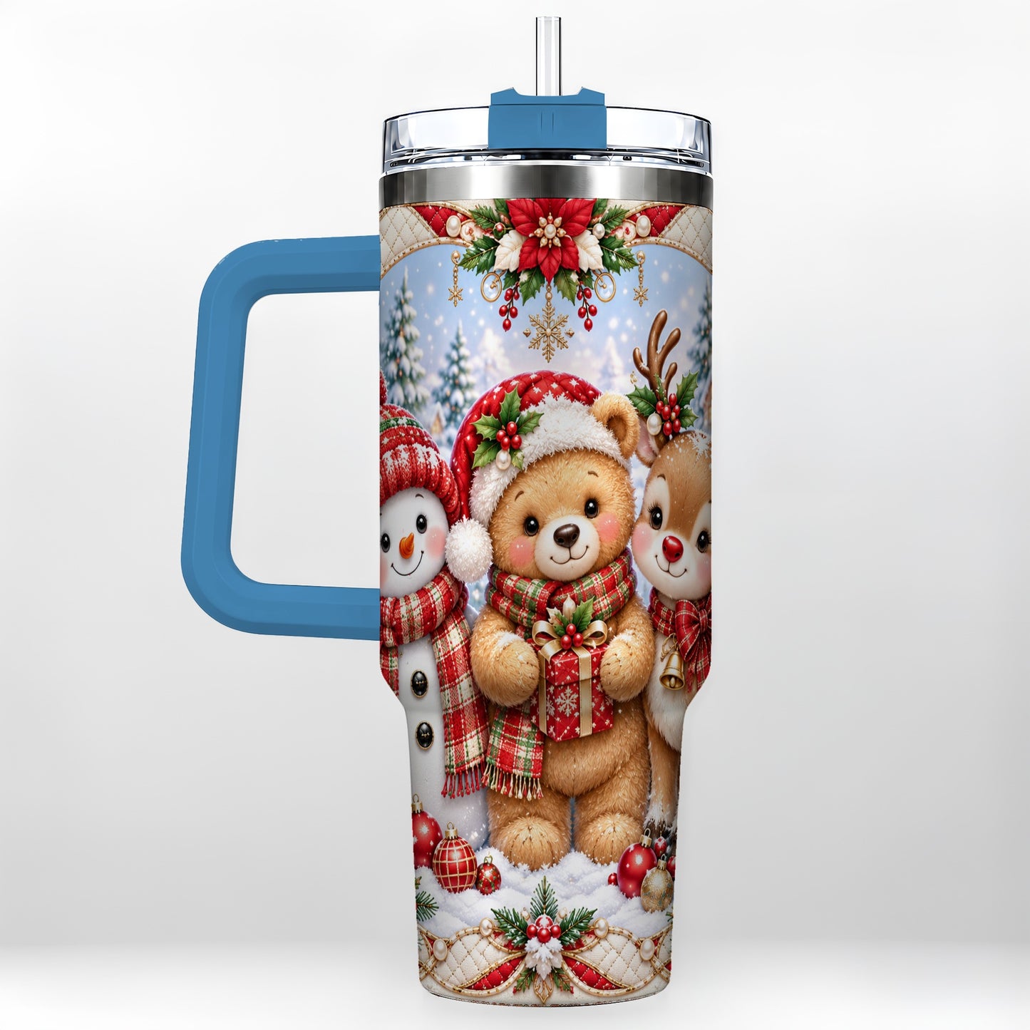 #pl[40oz|Blue] Winter Friends 40oz Tumbler with Handle, Snowman Holiday Travel Cup