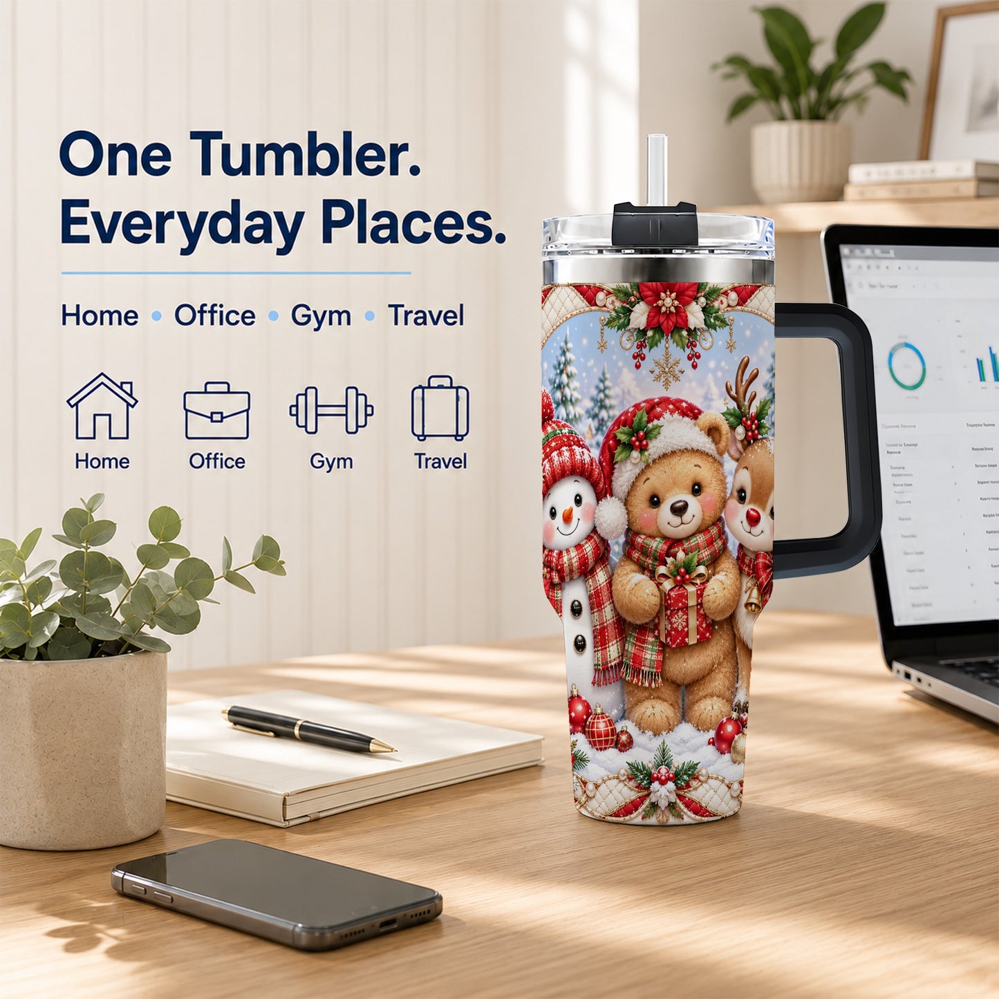 #pl[40oz|Black] Winter Friends 40oz Tumbler with Handle, Snowman Holiday Travel Cup