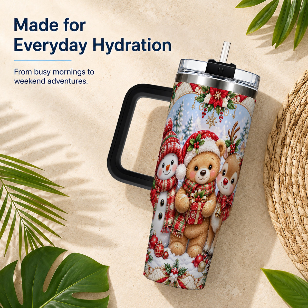 #pl[40oz|Black] Winter Friends 40oz Tumbler with Handle, Snowman Holiday Travel Cup