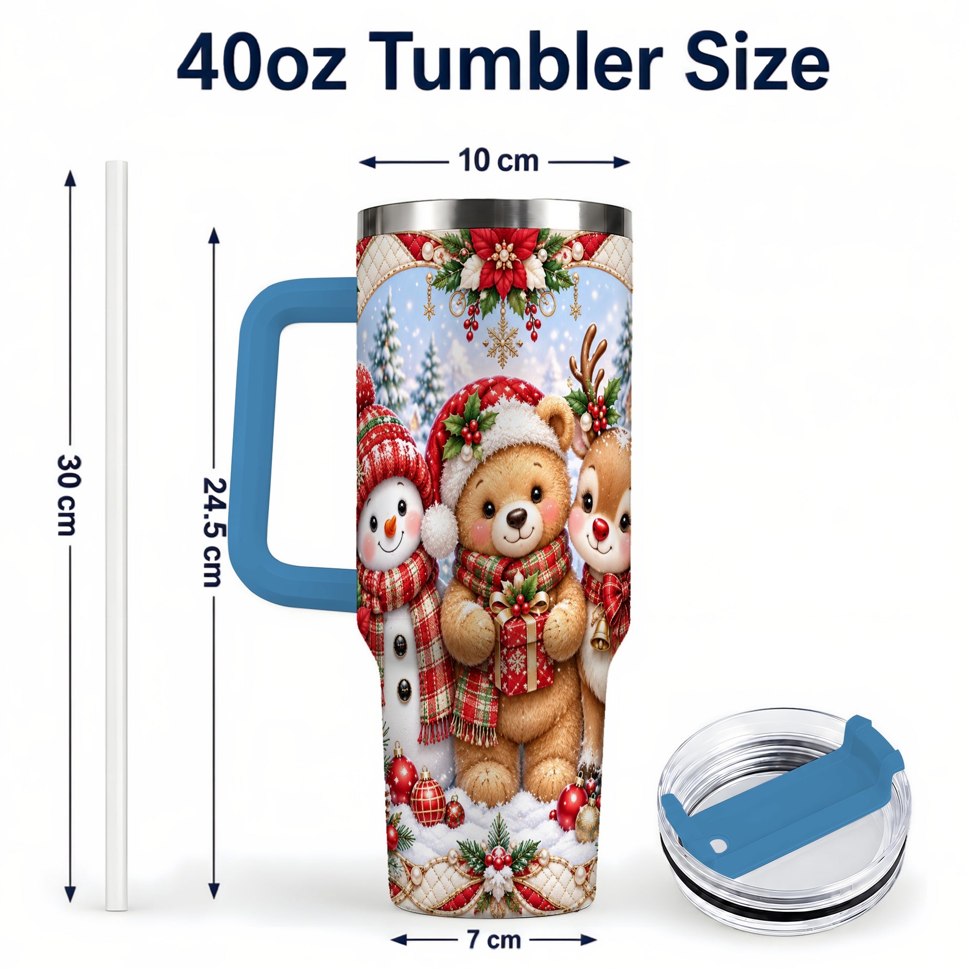 #pl[40oz|Blue] Winter Friends 40oz Tumbler with Handle, Snowman Holiday Travel Cup