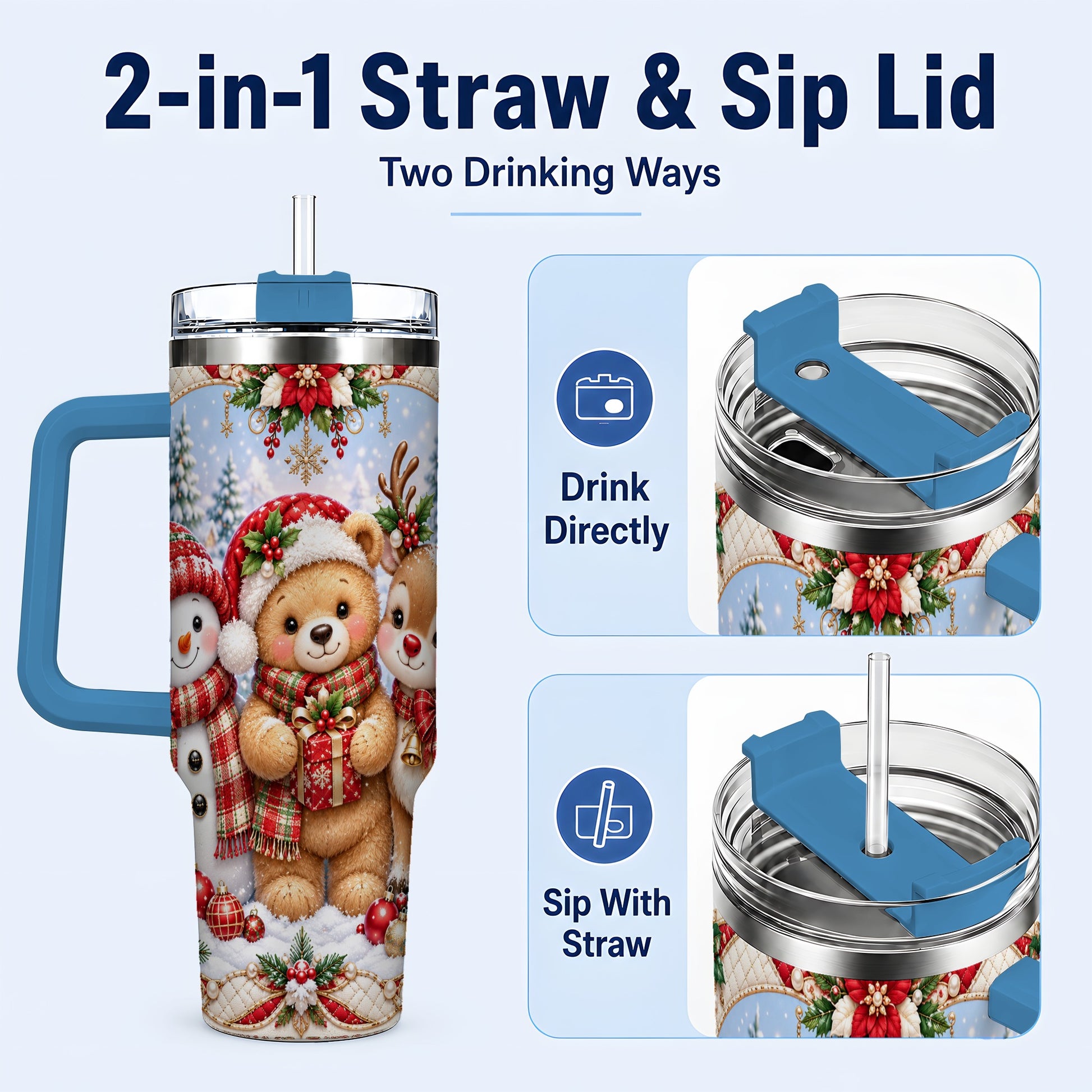 #pl[40oz|Blue] Winter Friends 40oz Tumbler with Handle, Snowman Holiday Travel Cup