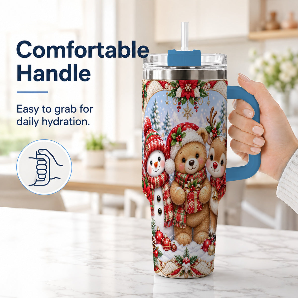 #pl[40oz|Blue] Winter Friends 40oz Tumbler with Handle, Snowman Holiday Travel Cup