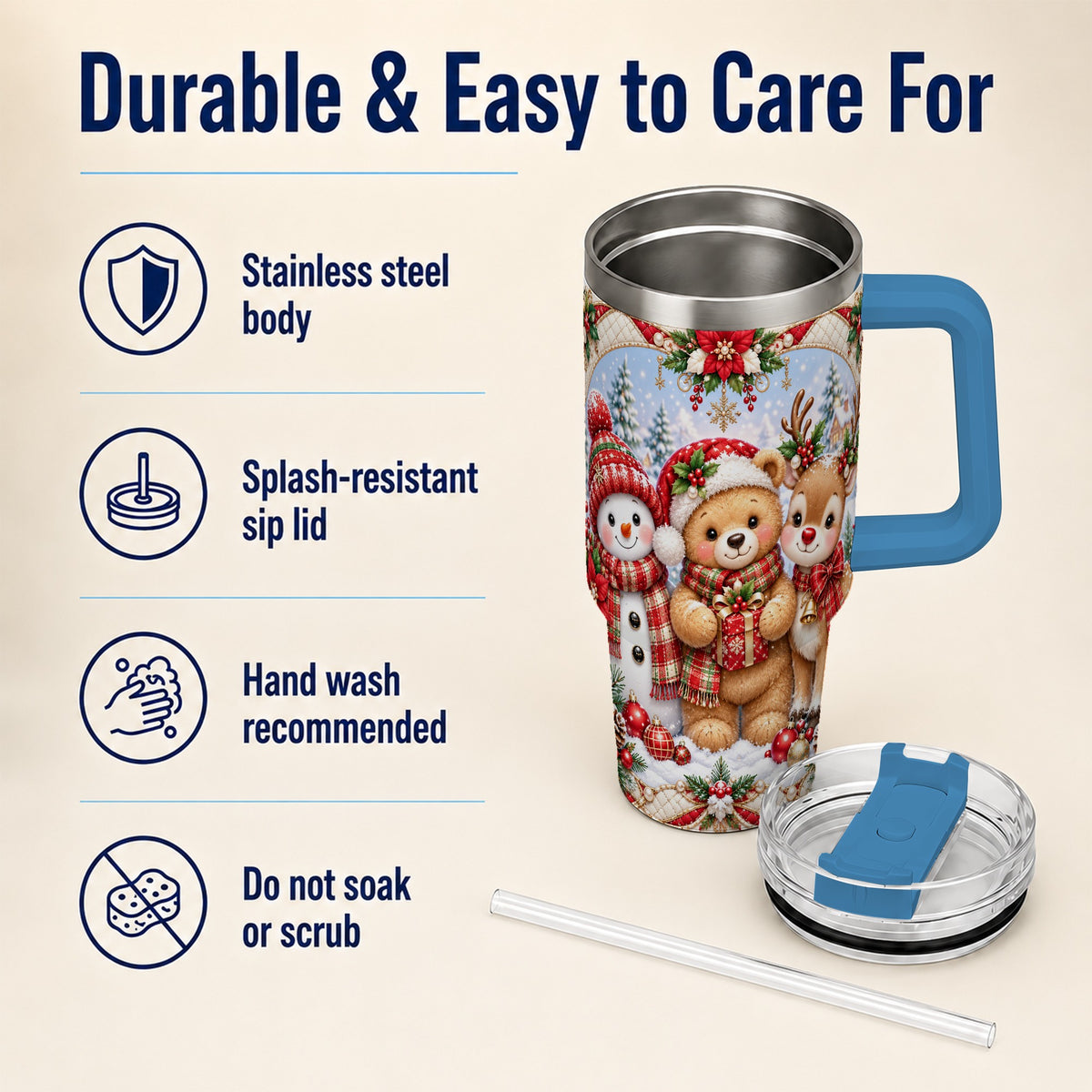#pl[40oz|Blue] Winter Friends 40oz Tumbler with Handle, Snowman Holiday Travel Cup