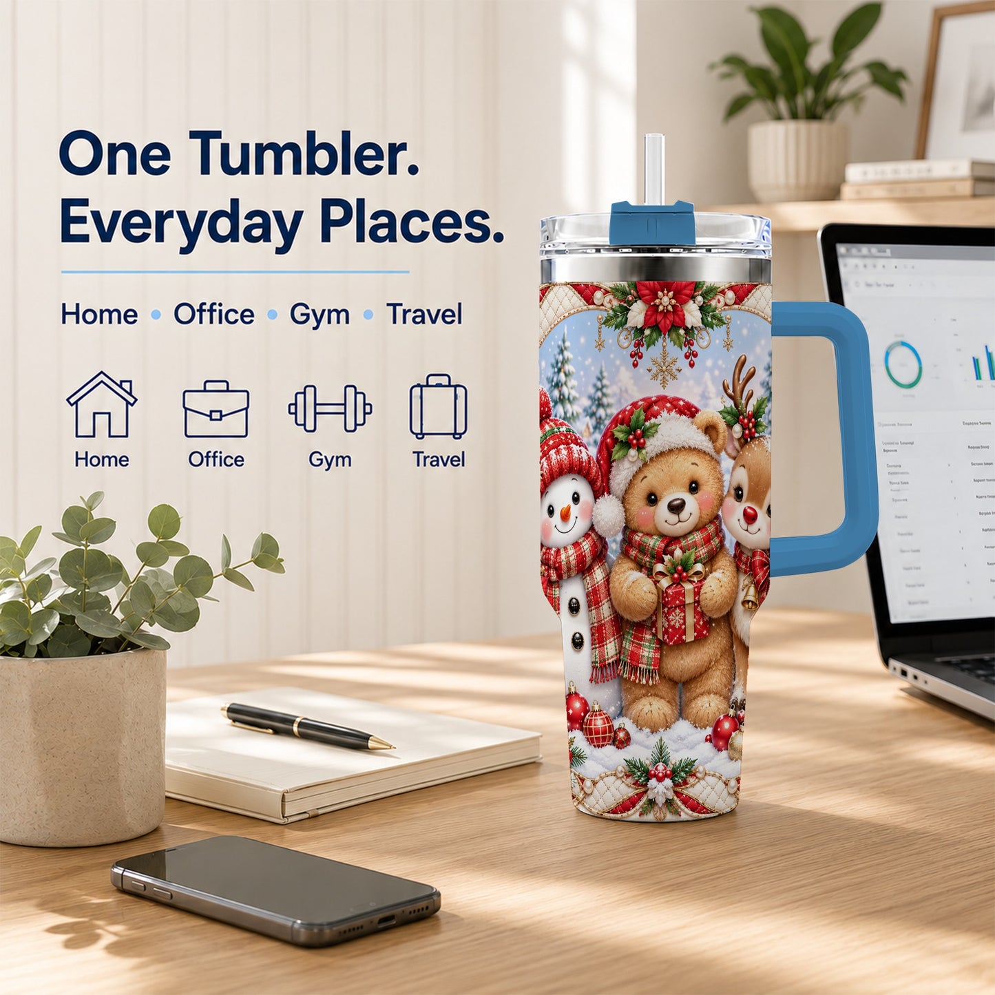 #pl[40oz|Blue] Winter Friends 40oz Tumbler with Handle, Snowman Holiday Travel Cup
