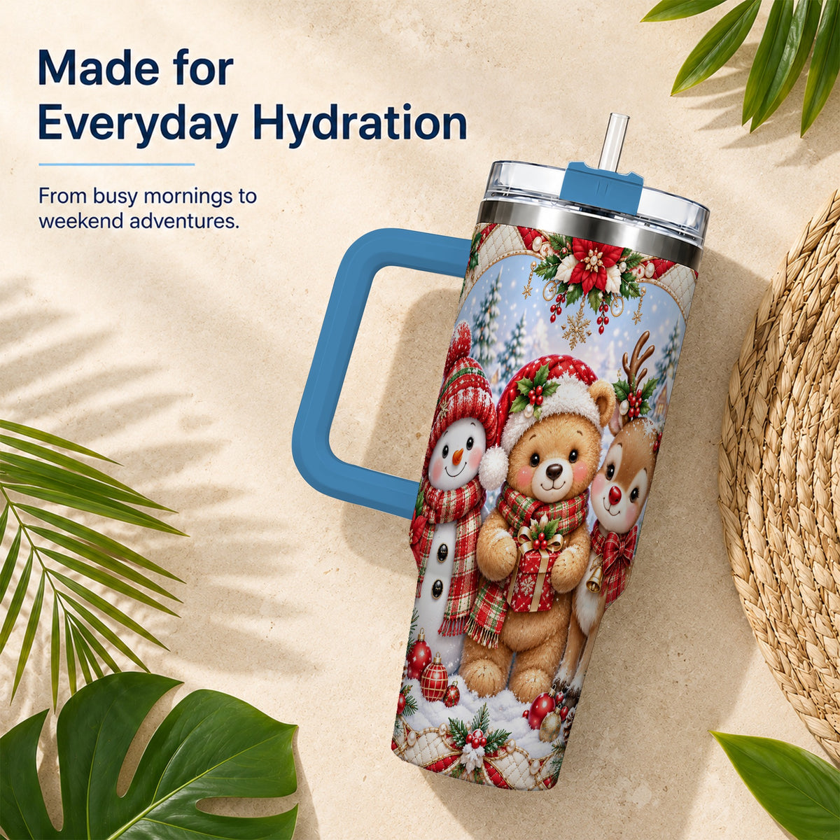 #pl[40oz|Blue] Winter Friends 40oz Tumbler with Handle, Snowman Holiday Travel Cup