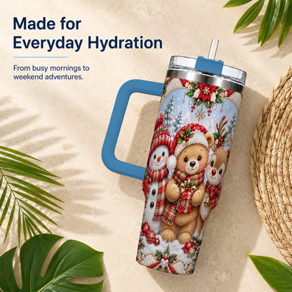 #pl[40oz|Blue] Winter Friends 40oz Tumbler with Handle, Snowman Holiday Travel Cup