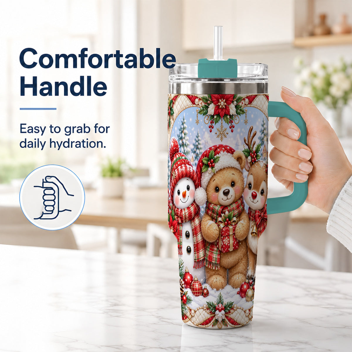 #pl[40oz|Green] Winter Friends 40oz Tumbler with Handle, Snowman Holiday Travel Cup