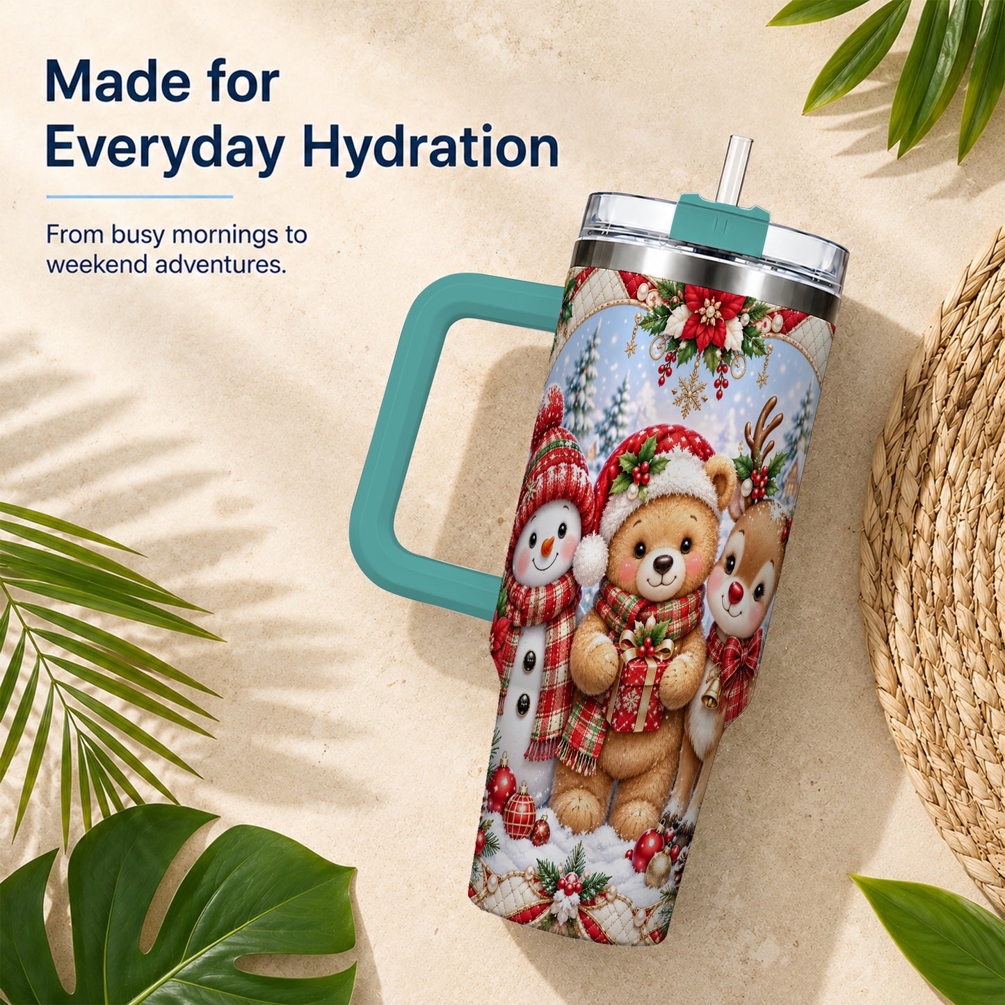 #pl[40oz|Green] Winter Friends 40oz Tumbler with Handle, Snowman Holiday Travel Cup