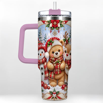 #pl[40oz|Pink] Winter Friends 40oz Tumbler with Handle, Snowman Holiday Travel Cup