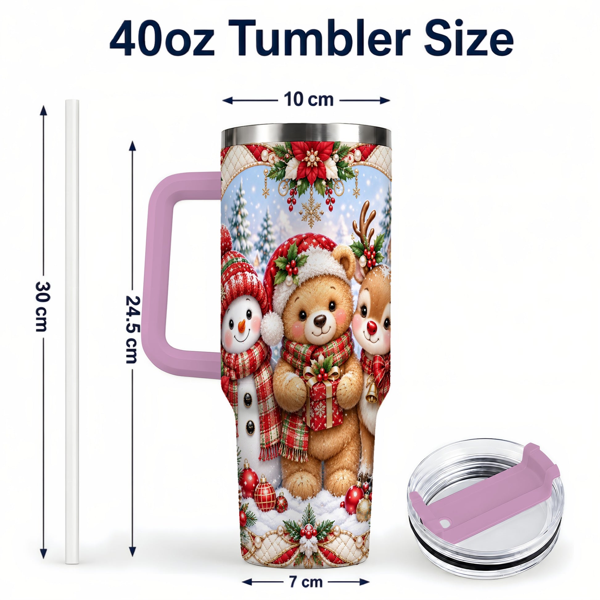 #pl[40oz|Pink] Winter Friends 40oz Tumbler with Handle, Snowman Holiday Travel Cup
