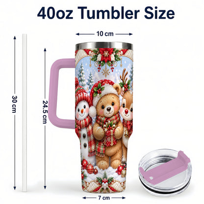 #pl[40oz|Pink] Winter Friends 40oz Tumbler with Handle, Snowman Holiday Travel Cup
