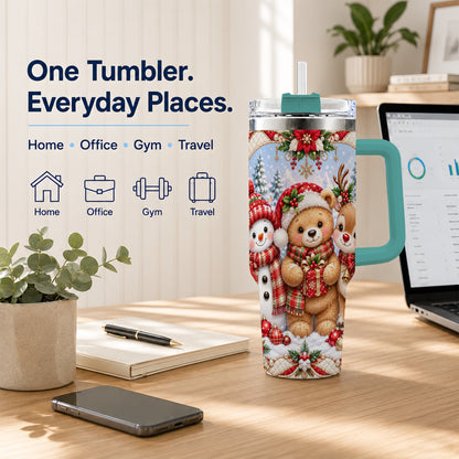 #pl[40oz|Green] Winter Friends 40oz Tumbler with Handle, Snowman Holiday Travel Cup