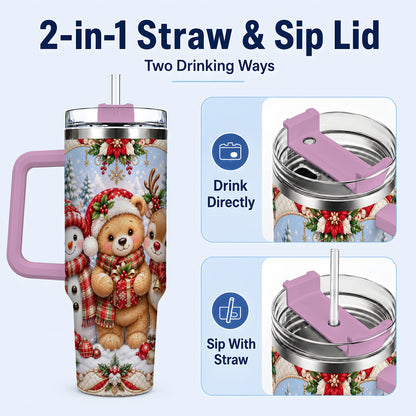#pl[40oz|Pink] Winter Friends 40oz Tumbler with Handle, Snowman Holiday Travel Cup