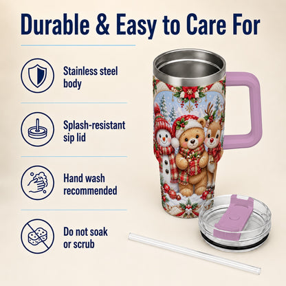 #pl[40oz|Pink] Winter Friends 40oz Tumbler with Handle, Snowman Holiday Travel Cup