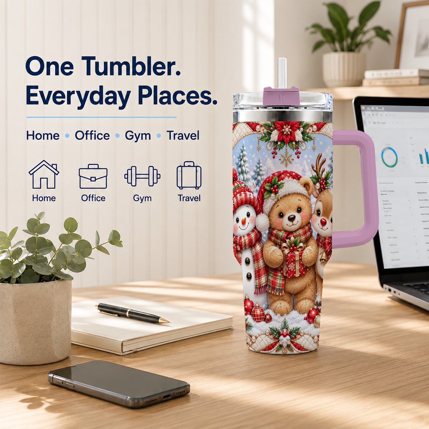 #pl[40oz|Pink] Winter Friends 40oz Tumbler with Handle, Snowman Holiday Travel Cup