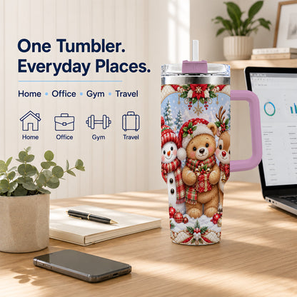 #pl[40oz|Pink] Winter Friends 40oz Tumbler with Handle, Snowman Holiday Travel Cup