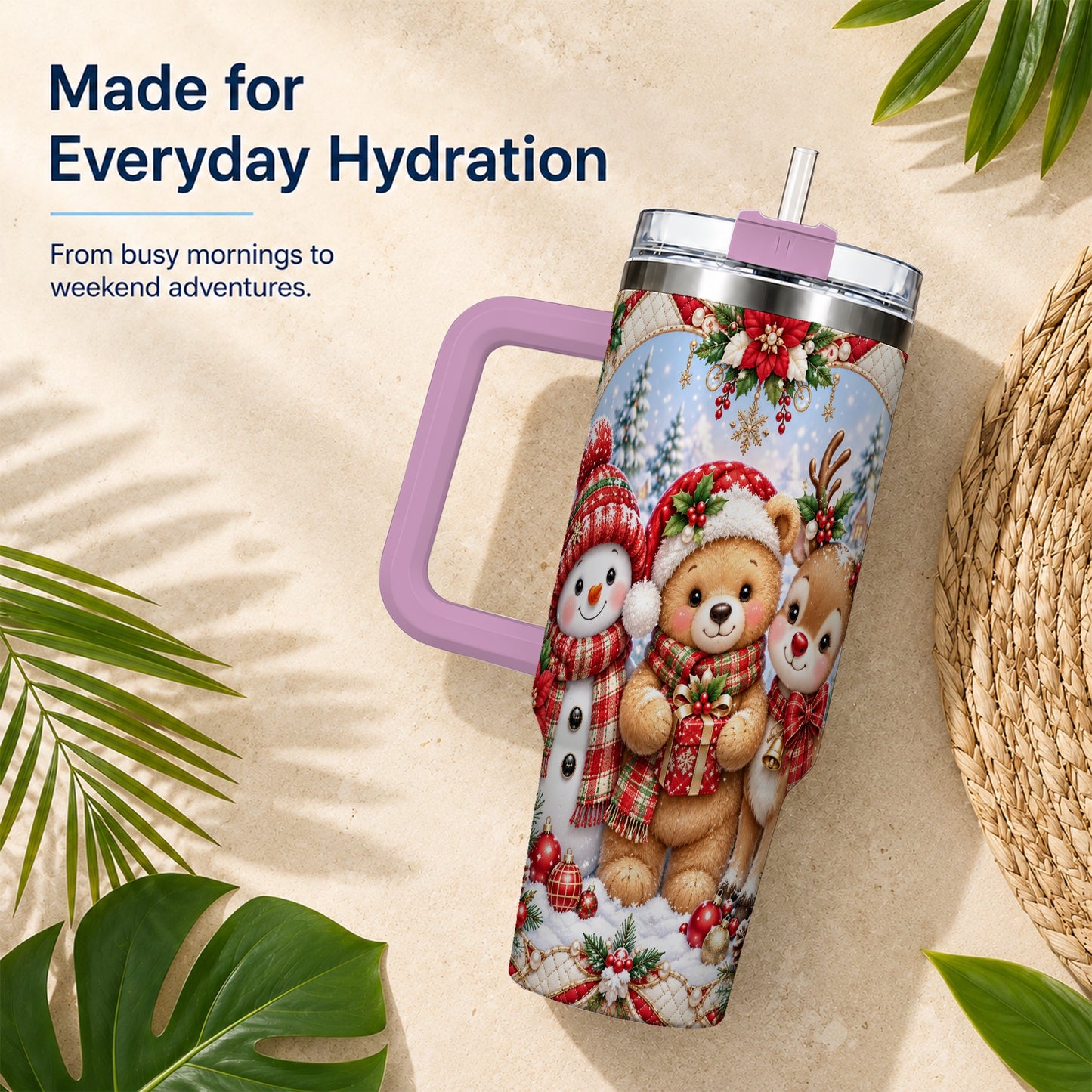 #pl[40oz|Pink] Winter Friends 40oz Tumbler with Handle, Snowman Holiday Travel Cup