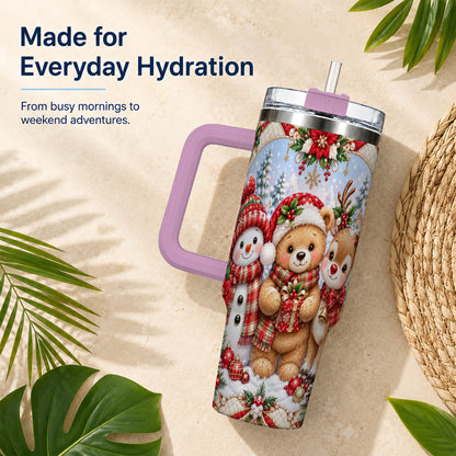 #pl[40oz|Pink] Winter Friends 40oz Tumbler with Handle, Snowman Holiday Travel Cup