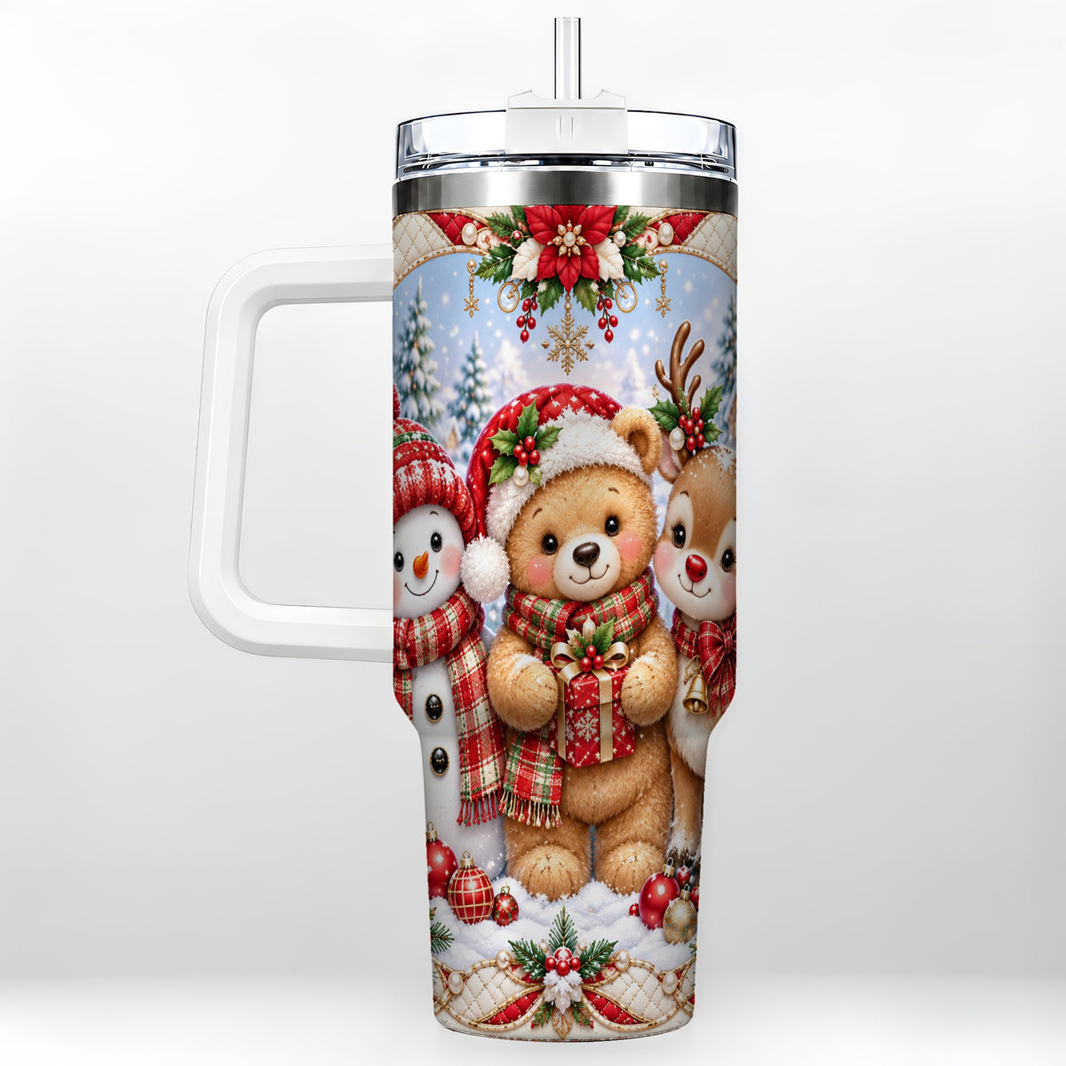 Winter Friends 40oz Tumbler with Handle, Snowman Holiday Travel Cup