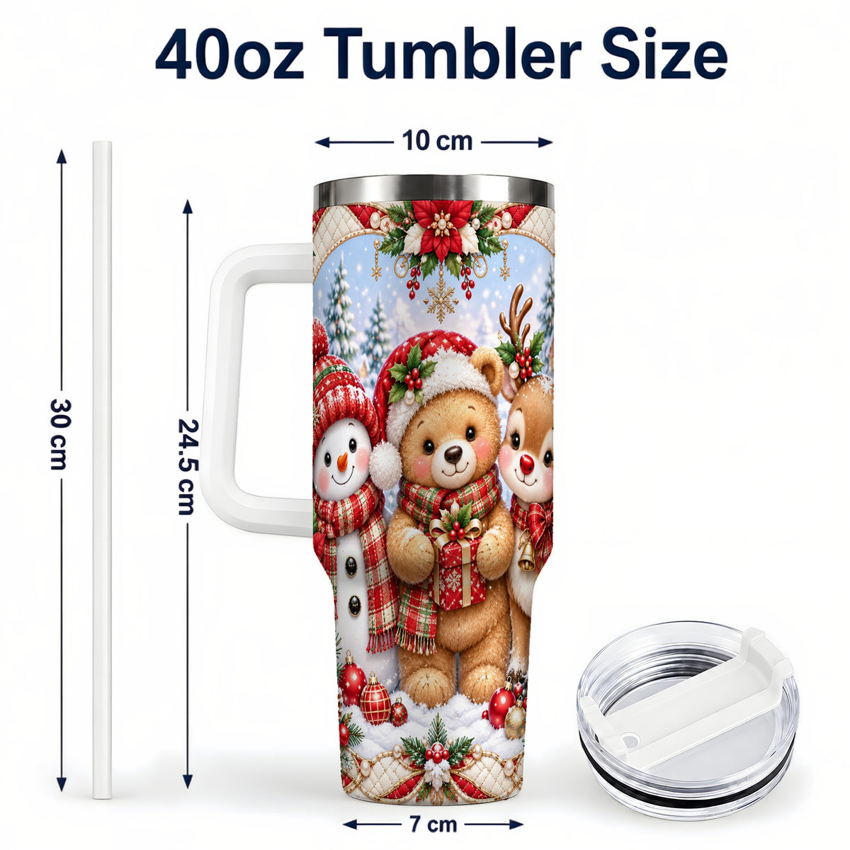 #pl[40oz|White] Winter Friends 40oz Tumbler with Handle, Snowman Holiday Travel Cup