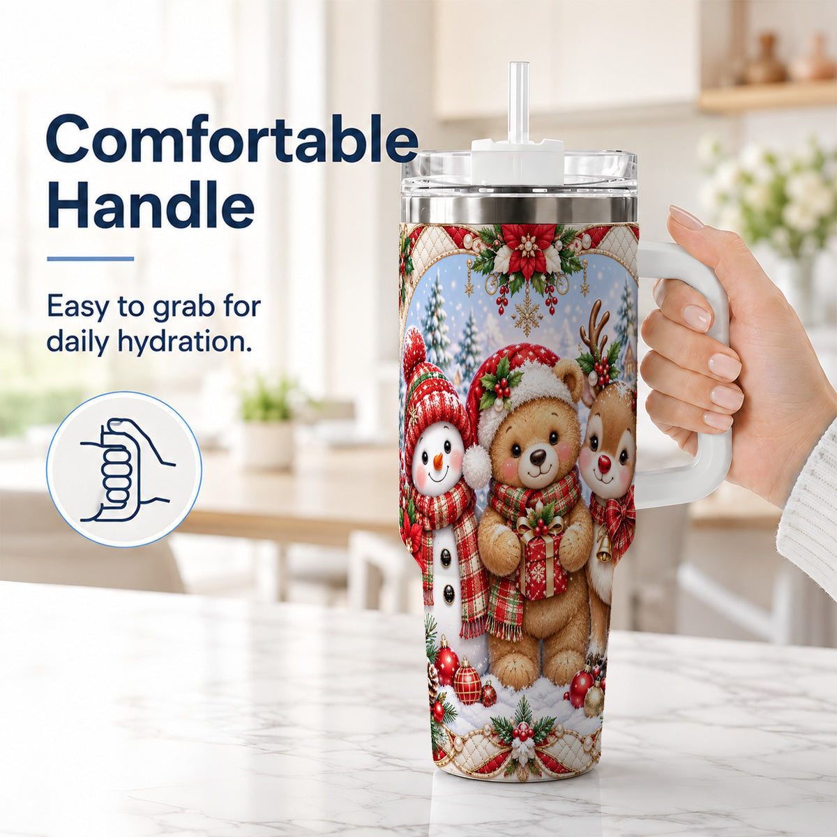 #pl[40oz|White] Winter Friends 40oz Tumbler with Handle, Snowman Holiday Travel Cup