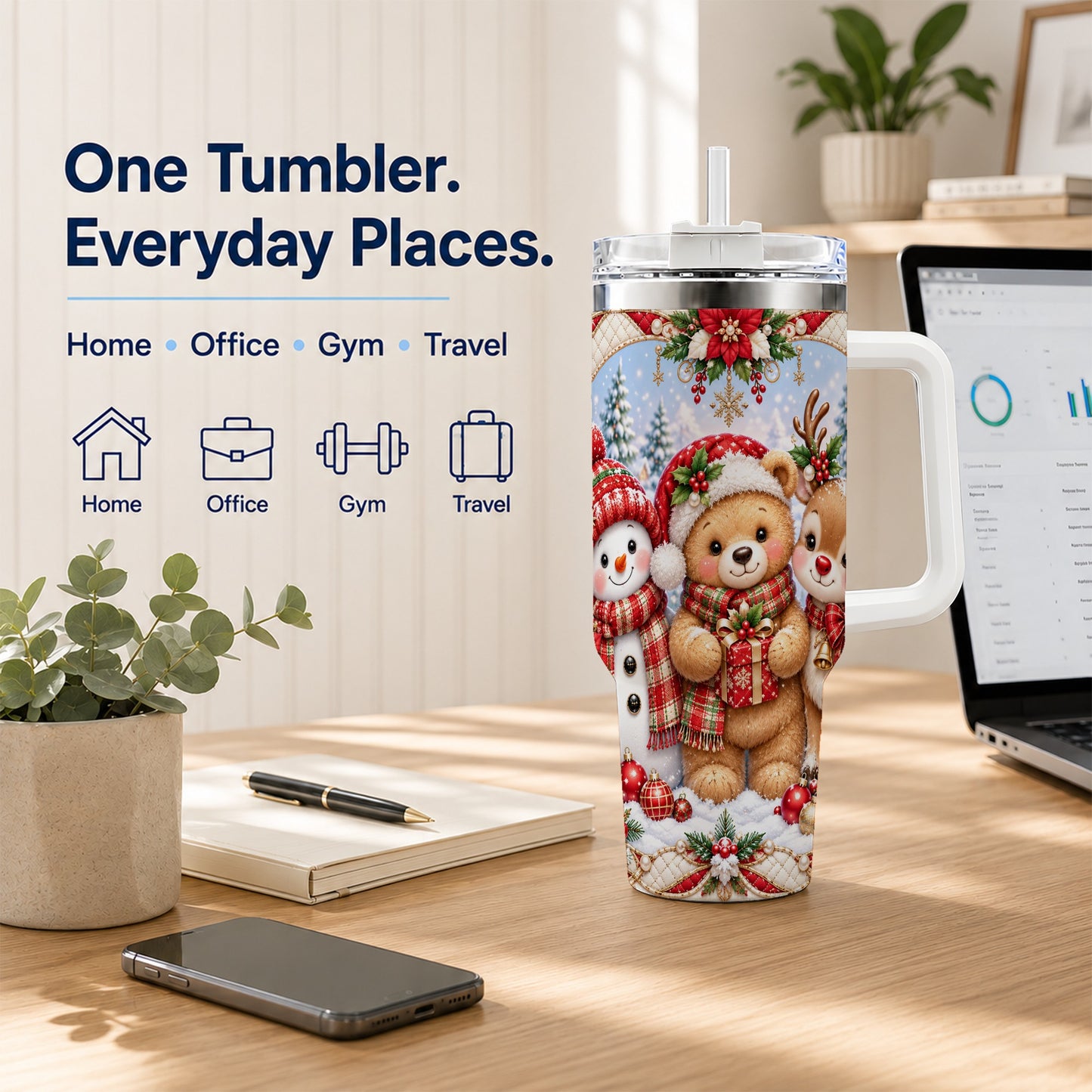 #pl[40oz|White] Winter Friends 40oz Tumbler with Handle, Snowman Holiday Travel Cup