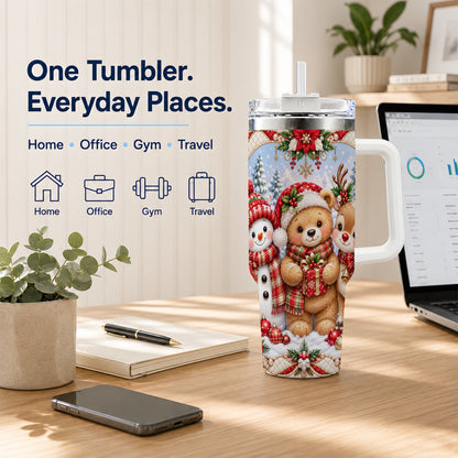 #pl[40oz|White] Winter Friends 40oz Tumbler with Handle, Snowman Holiday Travel Cup