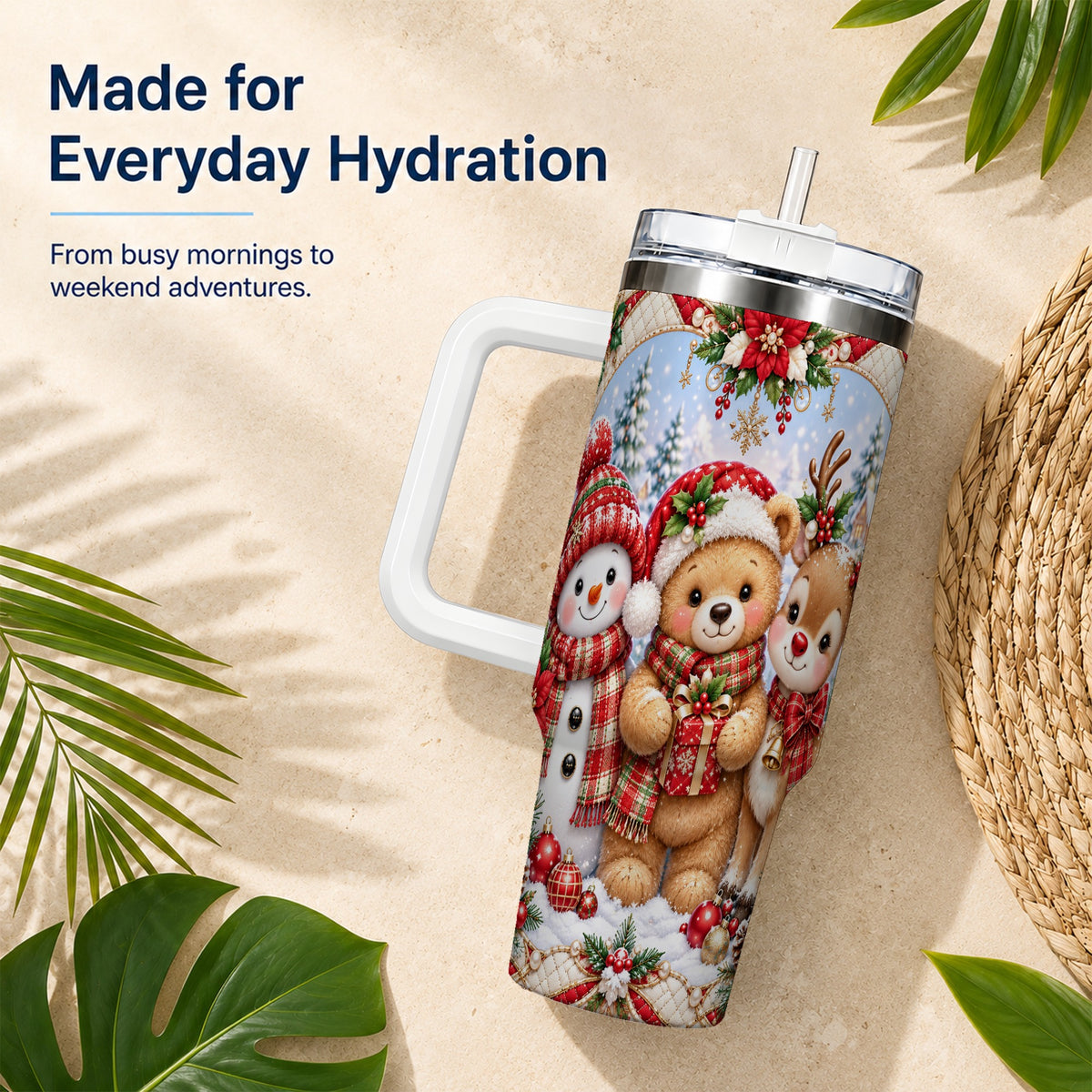 #pl[40oz|White] Winter Friends 40oz Tumbler with Handle, Snowman Holiday Travel Cup