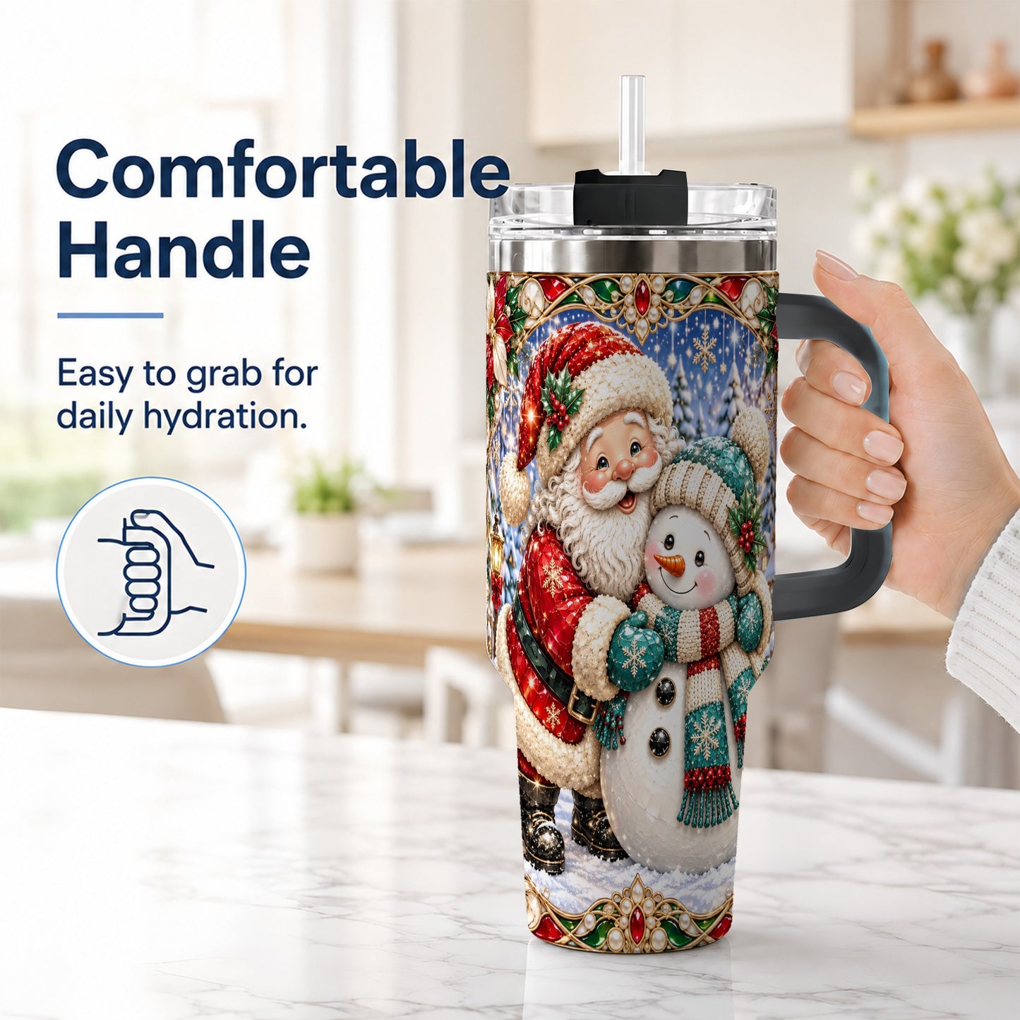 #pl[40oz|Black] Santa Snowman 40oz Tumbler with Handle, Christmas Travel Cup