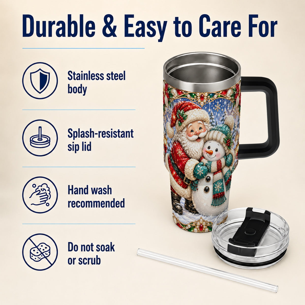 #pl[40oz|Black] Santa Snowman 40oz Tumbler with Handle, Christmas Travel Cup