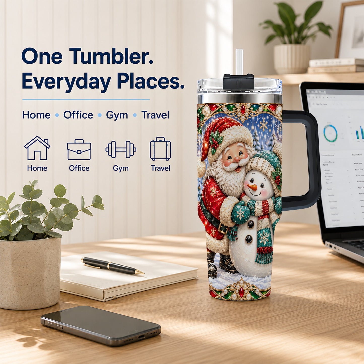 #pl[40oz|Black] Santa Snowman 40oz Tumbler with Handle, Christmas Travel Cup