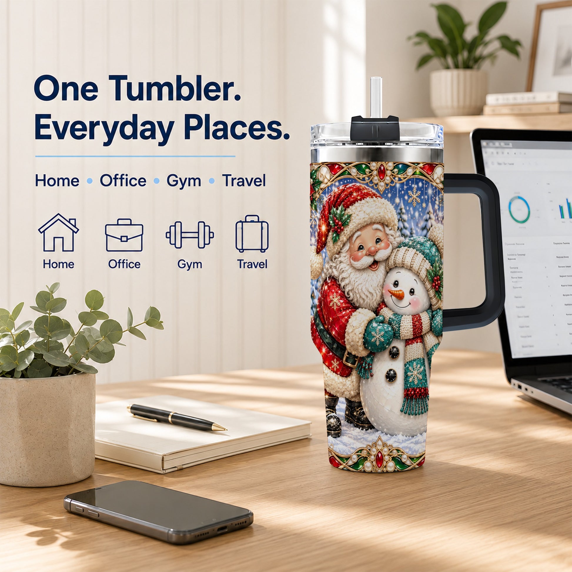 #pl[40oz|Black] Santa Snowman 40oz Tumbler with Handle, Christmas Travel Cup