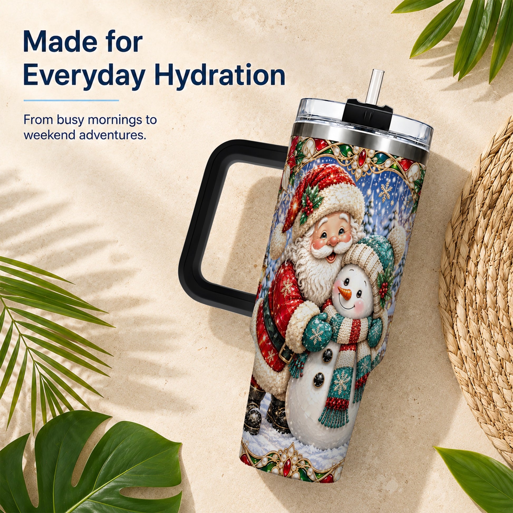 #pl[40oz|Black] Santa Snowman 40oz Tumbler with Handle, Christmas Travel Cup