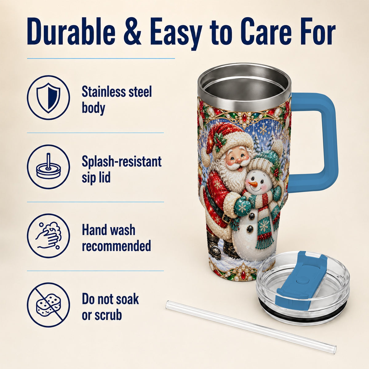 #pl[40oz|Blue] Santa Snowman 40oz Tumbler with Handle, Christmas Travel Cup