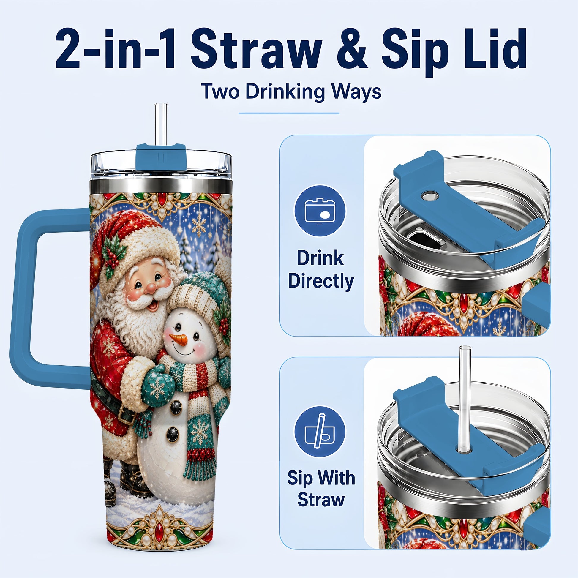 #pl[40oz|Blue] Santa Snowman 40oz Tumbler with Handle, Christmas Travel Cup