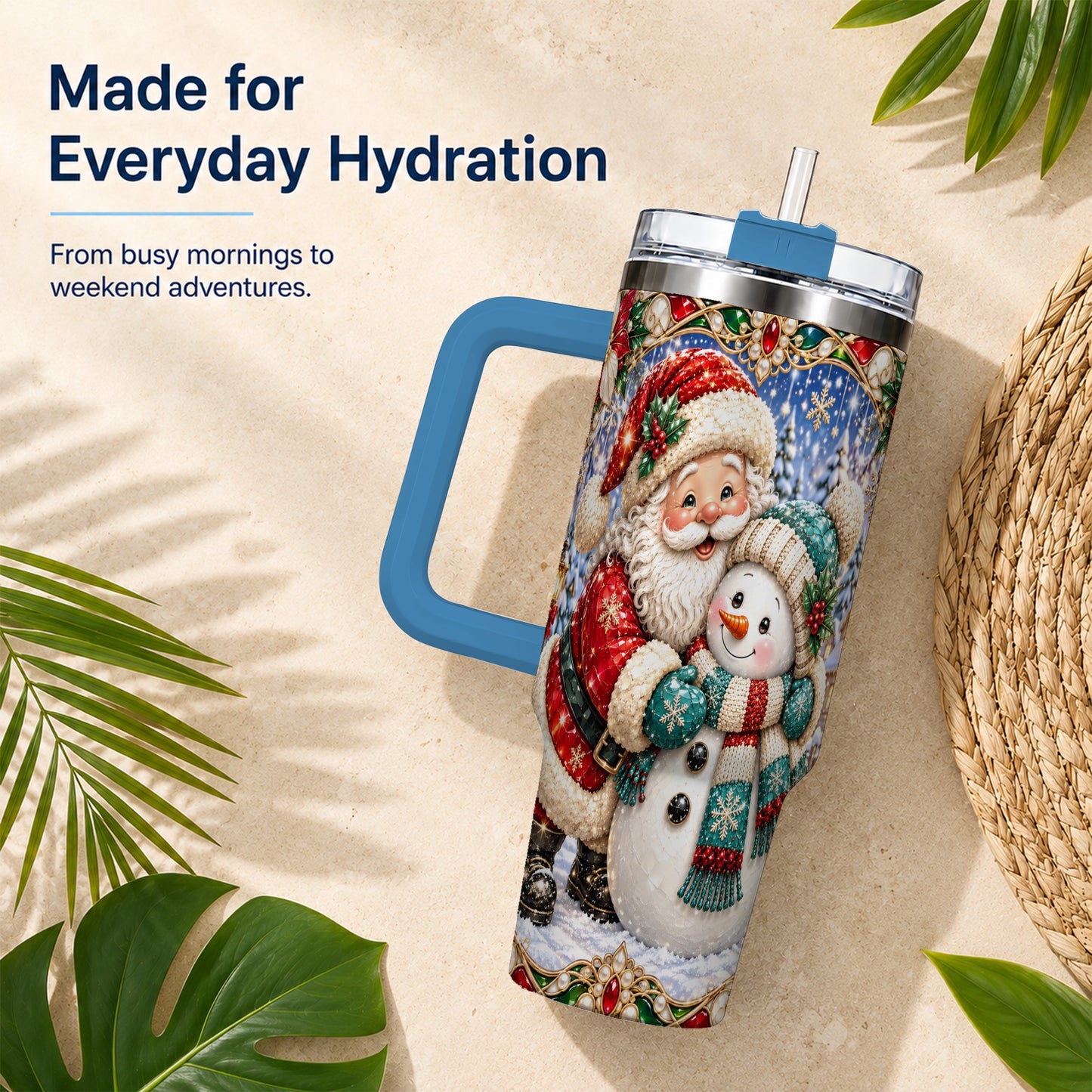 #pl[40oz|Blue] Santa Snowman 40oz Tumbler with Handle, Christmas Travel Cup