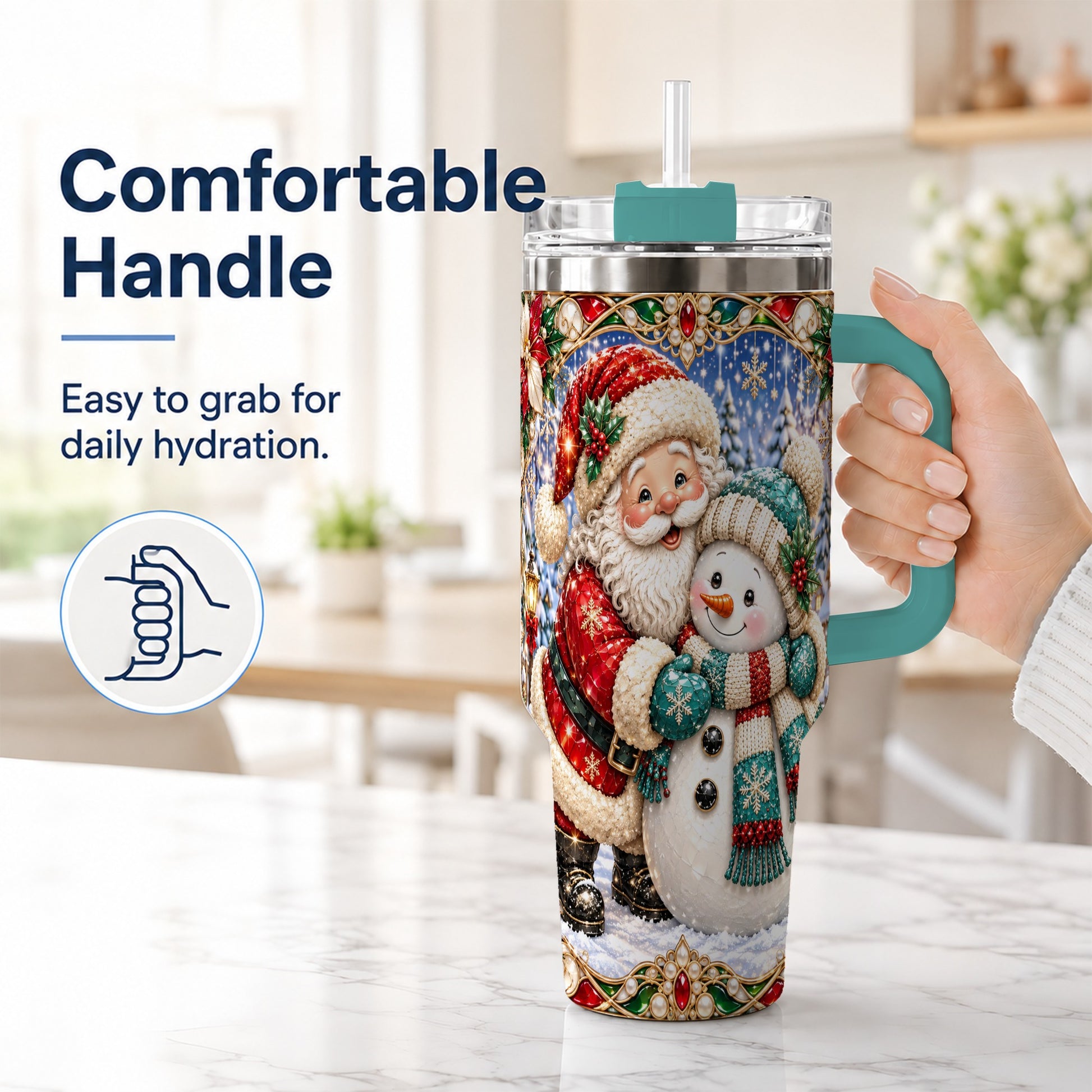 #pl[40oz|Green] Santa Snowman 40oz Tumbler with Handle, Christmas Travel Cup